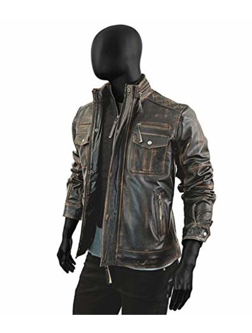 Abbraci Men's Motorcycle Biker Slim Fit Vintage Distressed Brown Cafe Racer Real Leather Jacket