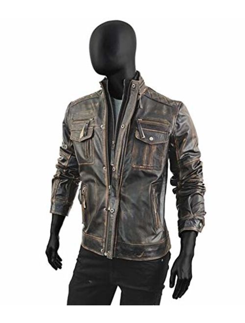 Abbraci Men's Motorcycle Biker Slim Fit Vintage Distressed Brown Cafe Racer Real Leather Jacket