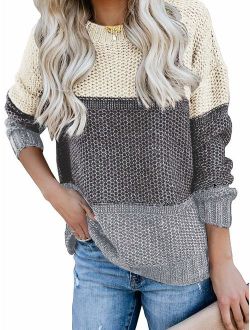 Women's Crew Neck Long Sleeve Color Block Knit Sweater Casual Pullover Jumper Tops
