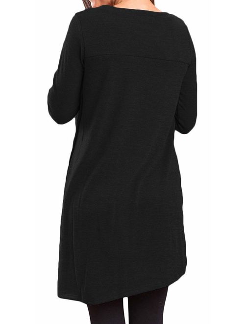 Halife Women's Casual Round Neck Long Sleeve Oblique Hem Side Button Tunic Tops