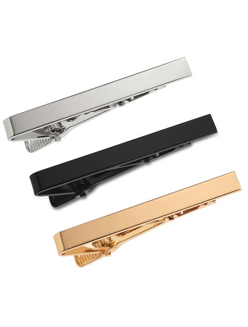 3 Pc Mens Tie Bar Pinch Clip Set for Regular Ties 2.1 Inch, Silver-Tone, Black, Gold-tone