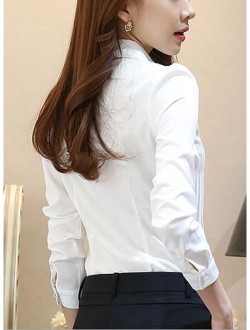DPO Women's Vintage Collared Pleated Button Down Shirt Long Sleeve Lace Stretchy Blouse