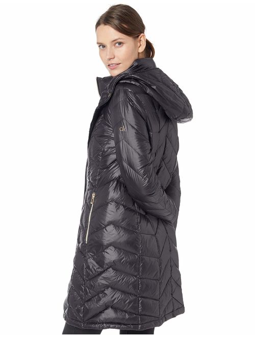 Calvin Klein Women's Long Packable Down Jacket with Bib and Hood