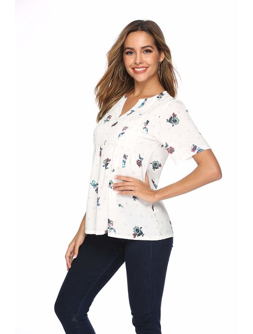 WLLW Women Bohemian Short Sleeve V Neck Floral Print T Shirt Tops Blouse Tee