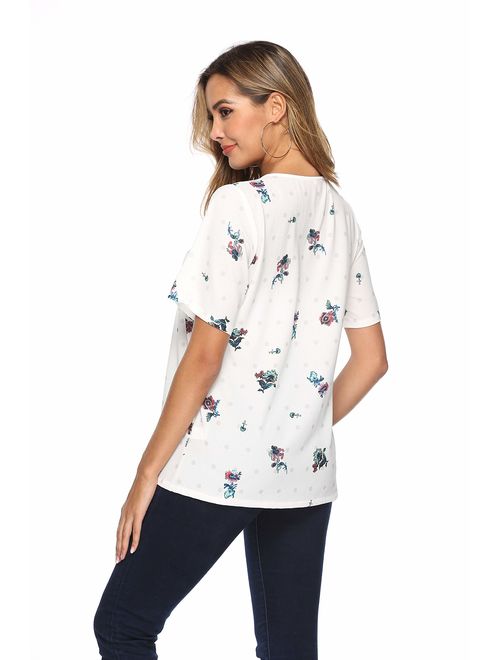WLLW Women Bohemian Short Sleeve V Neck Floral Print T Shirt Tops Blouse Tee