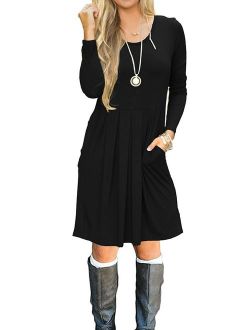 LILBETTER Women's Long Sleeve Pleated Loose Swing Casual Dress with Pockets Knee Length