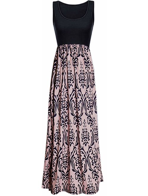 LIYOHON Summer Maxi Dresses for Women Beach Boho Plus Sleeveless Contrast Striped Floral Print Tank Top Long Party Dress