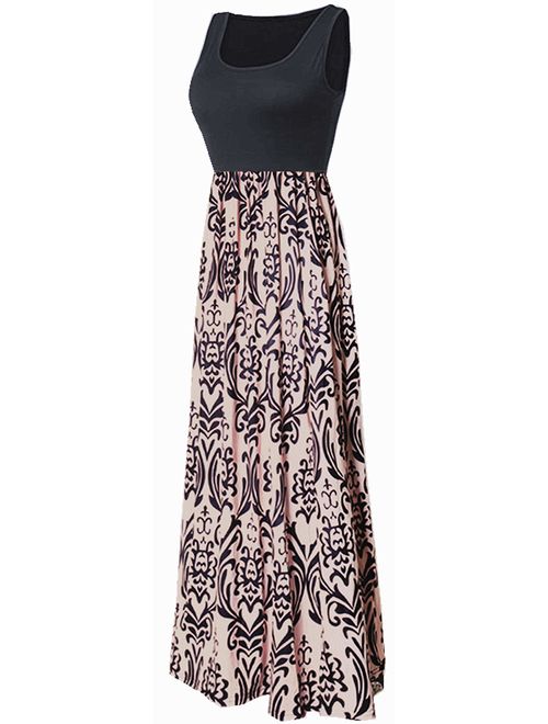 LIYOHON Summer Maxi Dresses for Women Beach Boho Plus Sleeveless Contrast Striped Floral Print Tank Top Long Party Dress