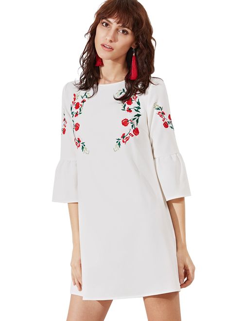 Floerns Women's Bell Sleeve Embroidered Tunic Dress