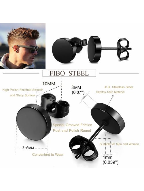 FIBO STEEL Stainless Steel Black Stud Earrings for Men Women, 3mm-8mm Available