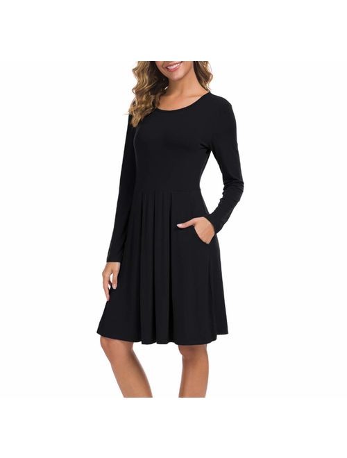 LILBETTER Women's Long Sleeve Pleated Loose Swing Casual Dress with Pockets Knee Length