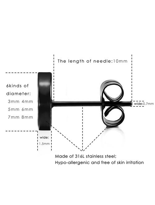 LIEBLICH Black Round Stud Earrings Set Stainless Steel Ear Studs for Men Women 6 Pairs 3mm-8mm ... (Black)