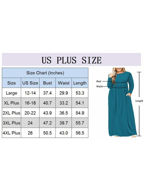 BISHUIGE Womens L-4XL Long Sleeve Casual Plus Size Maxi Dresses with Pockets