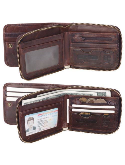 Admetus Men's Genuine Leather Bifold Zip-around Wallet with Elegant Gift