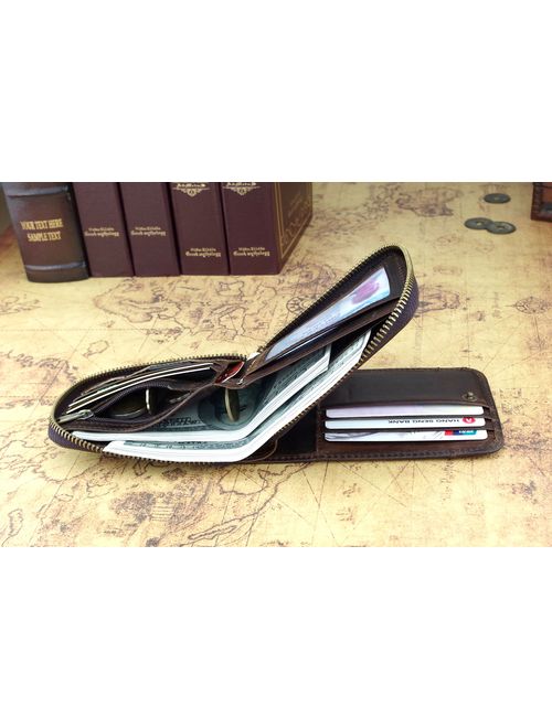 Admetus Men's Genuine Leather Bifold Zip-around Wallet with Elegant Gift