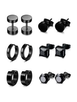 Jstyle 6 Pairs Stainless Steel CZ Stud Earrings for Women Mens Huggie Hoop Earrings Ear Piercing Black