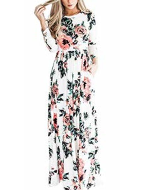 YUMDO Women's 3/4 Sleeve Floral Dress Casual Stretch Maxi Long Dresses