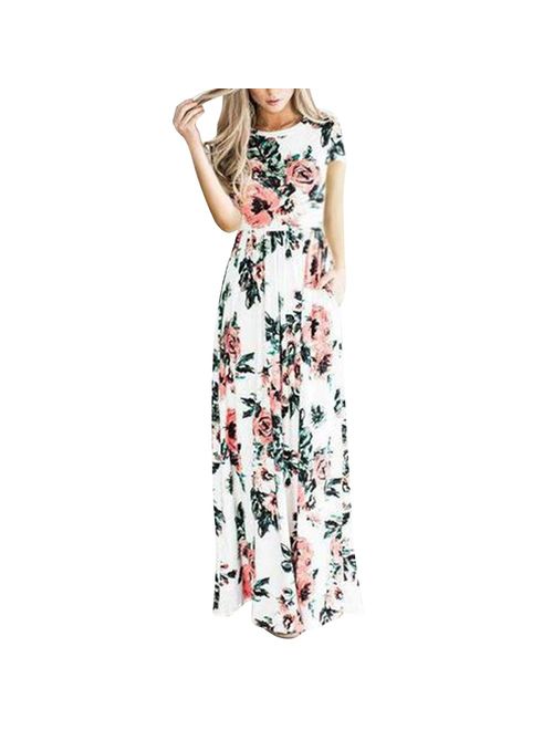 YUMDO Women's 3/4 Sleeve Floral Dress Casual Stretch Maxi Long Dresses