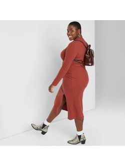 Women's Plus Size Long Sleeve Mock Turtleneck Rib Knit Midi Dress - Wild Fable Rust