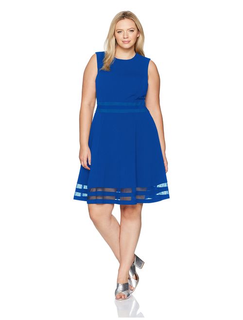 Calvin Klein Women's Plus Size Sleeveless Round Neck Fit and Flare Dress with Sheer Inserts at Hem