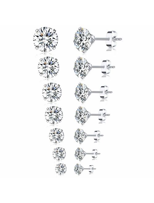 Tornito 6-7 Pairs 20G Stainless Steel Stud Earrings Round Square Cubic Zirconia Earring Set For Men Women 2MM-8MM