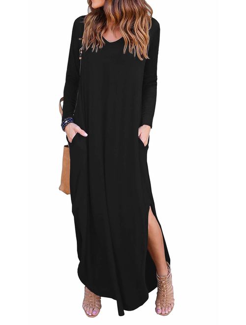 GRECERELLE Casual Loose Pocket Long Dress Long Sleeve Side Slit Maxi Dresses