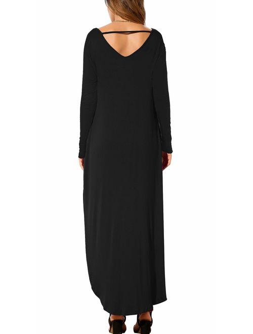 GRECERELLE Casual Loose Pocket Long Dress Long Sleeve Side Slit Maxi Dresses