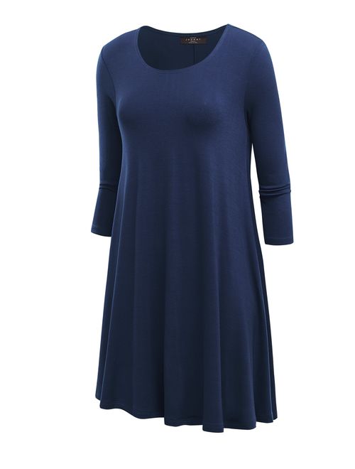 Lock and Love Women's S~3XL Round Neck 3/4 Sleeves Swing Flared Tunic Dress Longline Top - Made in USA