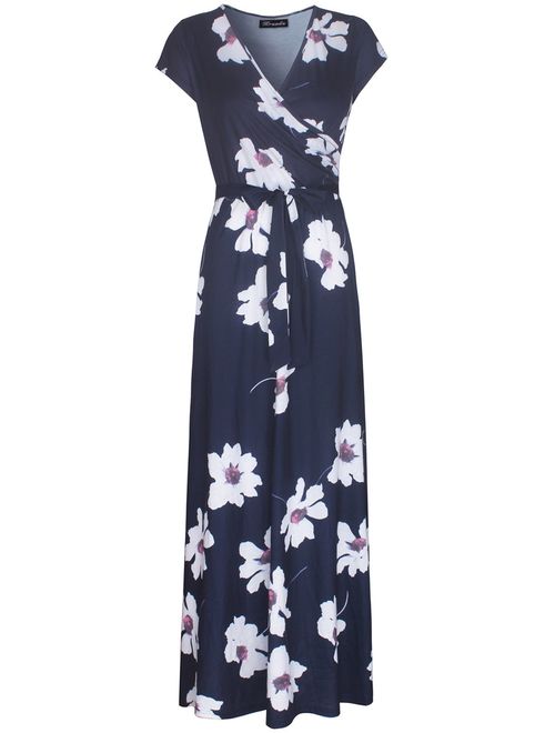 Kranda Womens Summer Vintage Floral Print Short Sleeve Maxi Long Dress