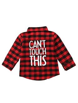 Kids Little Boys Girls Baby Letters Print Long Sleeve Button Down Red Plaid Flannel Shirt