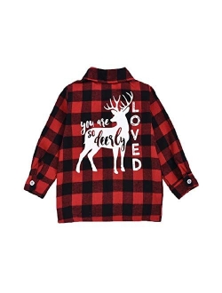 Kids Little Boys Girls Baby Letters Print Long Sleeve Button Down Red Plaid Flannel Shirt