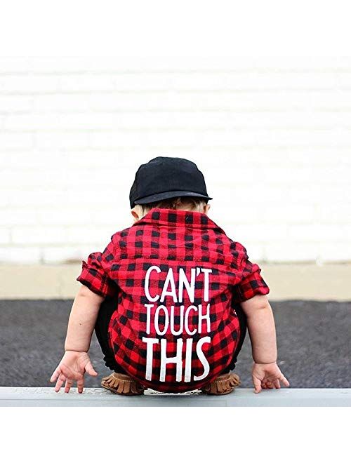 Kids Little Boys Girls Baby Letters Print Long Sleeve Button Down Red Plaid Flannel Shirt