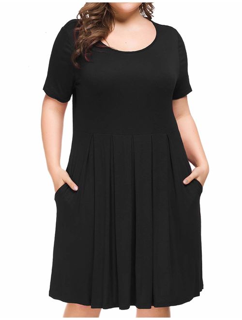 Tralilbee Women's Plus Size Short Sleeve Dress Casual Pleated Swing Dresses with Pockets