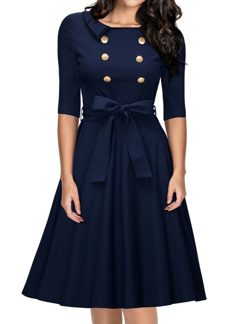 Miusol Women's Vintage 3/4 Sleeve Navy Style Belted Retro Evening Dress