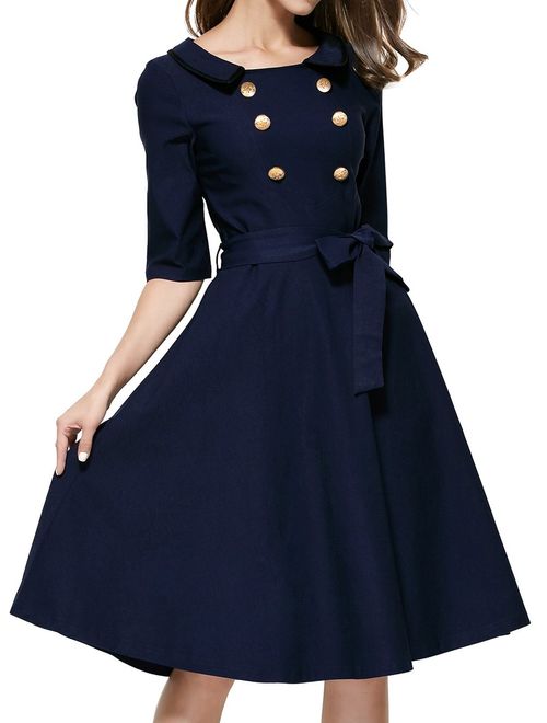 Miusol Women's Vintage 3/4 Sleeve Navy Style Belted Retro Evening Dress