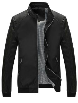 Springrain Men's Casual Stand Collar Slim PU Leather Sleeve Bomber Jacket