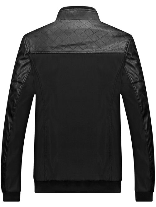 Springrain Men's Casual Stand Collar Slim PU Leather Sleeve Bomber Jacket