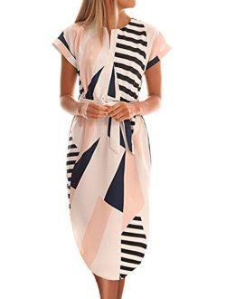 Temofon Womens Dresses Summer Casual Floral Geometric Pattern Short Sleeve Midi V-Neck Party Dress with Belt S-2XL