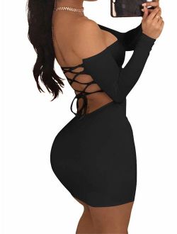 TOB Women's Sexy Off Shoulder Backless Lace Up Club Bodycon Mini Dress