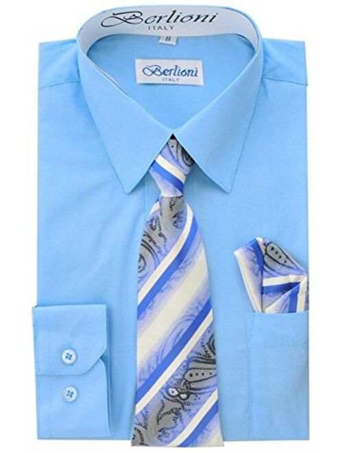 Berlioni Boys Long Sleeve Dress Shirts Tie & Hanky Many Colors