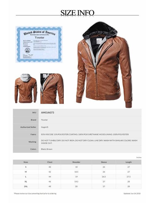 Youstar Men's Casual Long Sleeves Zipper Closure Faux Leather Jacket