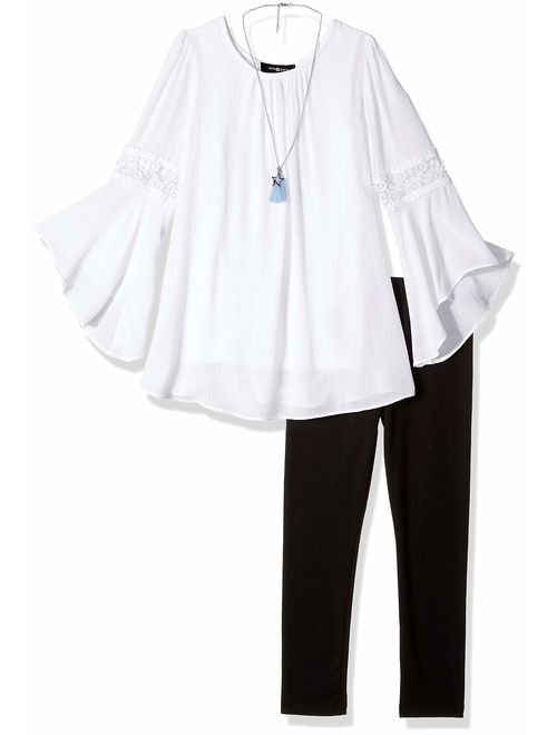 Amy Byer Girls' Bell Sleeve Top and Leggings 2-Piece Set with Necklace