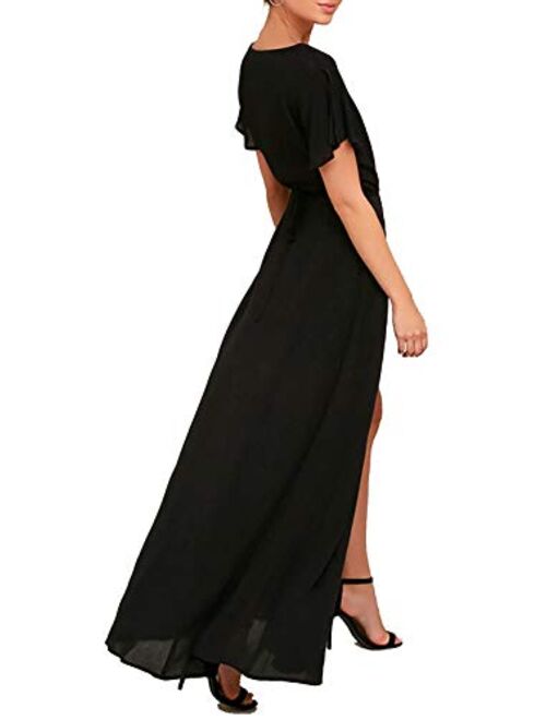 Vivicastle Women's USA Sexy Long Sleeve Tulip Wrap Slit Front Full Long Maxi Dress