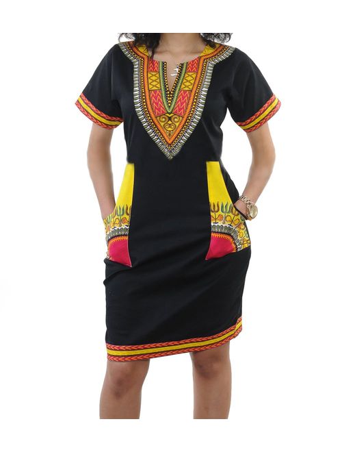 SheKiss Women's Dashiki African Bodycon Dresses Bohemian Vintage Print Club Midi V-Neck Pockets