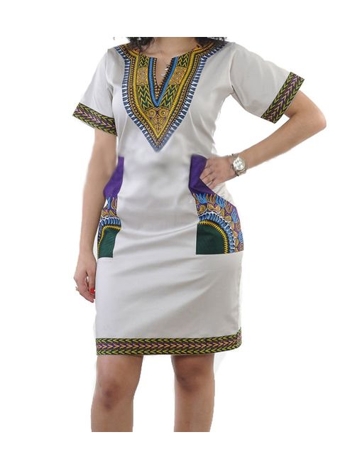 SheKiss Women's Dashiki African Bodycon Dresses Bohemian Vintage Print Club Midi V-Neck Pockets