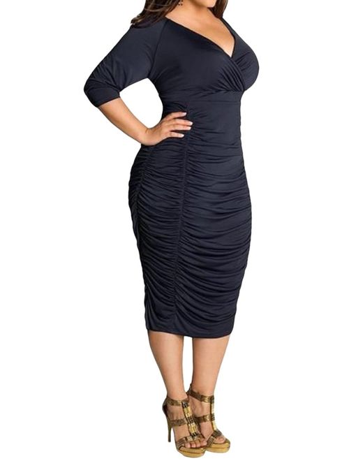 Pink Queen Womens Plus Size Deep V Neck Wrap Ruched Waisted Bodycon Dress