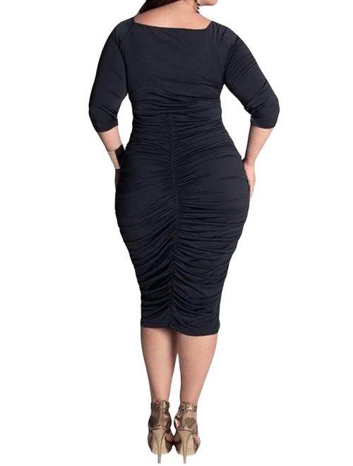 Pink Queen Womens Plus Size Deep V Neck Wrap Ruched Waisted Bodycon Dress