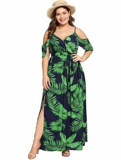 Women's Plus Size Cold Shoulder Floral Slit Hem Tropical Summer Maxi Dress