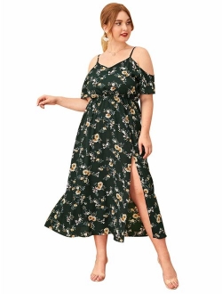 Women's Plus Size Cold Shoulder Floral Slit Hem Tropical Summer Maxi Dress