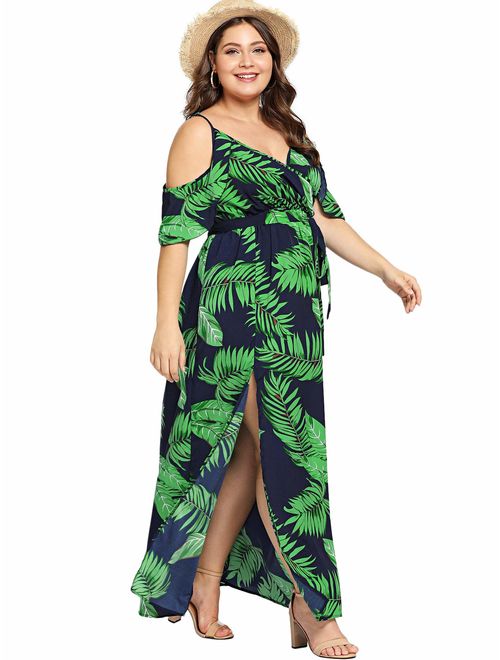 Milumia Women's Plus Size Cold Shoulder Floral Slit Hem Tropical Summer Maxi Dress